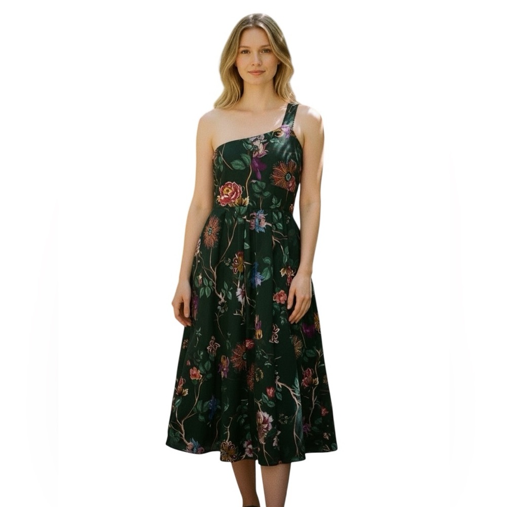 NWT Avec Les Filles Emerald Green One Shoulder Floral Midi Dress Garden Print 4